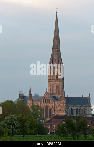 Salisbury Spire bei Sonnenuntergang. Die letzten Strahlen der untergehenden Sonne werfen ein warmes Glühen auf dem Stein von den hohen Turm der Kathedrale. Stockfoto