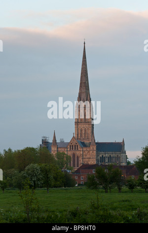 Kathedrale von Salisbury in der Wiese bei Sonnenuntergang. Die letzten Strahlen der untergehenden Sonne werfen ein warmes Glühen auf dem Stein des Doms. Stockfoto