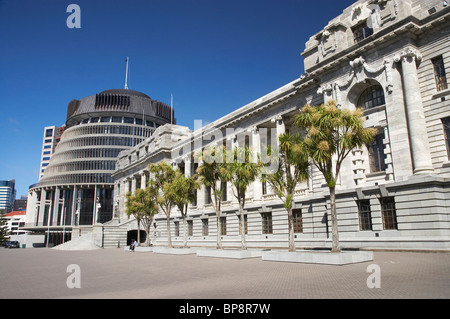 Der Bienenstock und Parliament House, Wellington, Nordinsel, Neuseeland Stockfoto