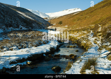 Winter in der Messe-Bach-Tal mit Fairbrook Naze auf Kinder Scout in der Ferne, Peak District, Derbyshire, England, UK Stockfoto