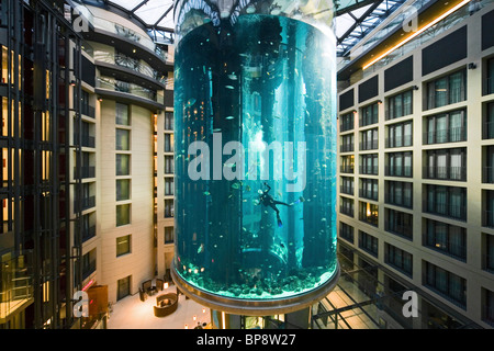 Das 5 Sterne Radisson SAS Hotel verfügt über das weltweit größte zylindrische Aquarium. Eingang zum Aqua Dom, ein Taucher reinigt Tank, Stockfoto