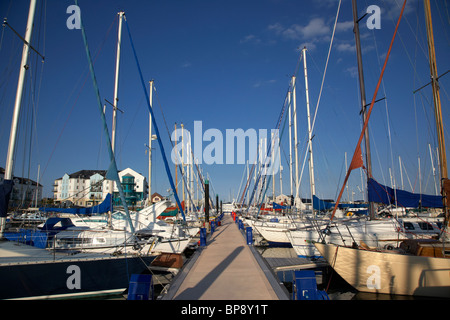 Yachten und Boote vertäut neben einem schwimmenden Ponton in Carrickfergus Marina County Antrim-Nordirland Vereinigtes Königreich Stockfoto