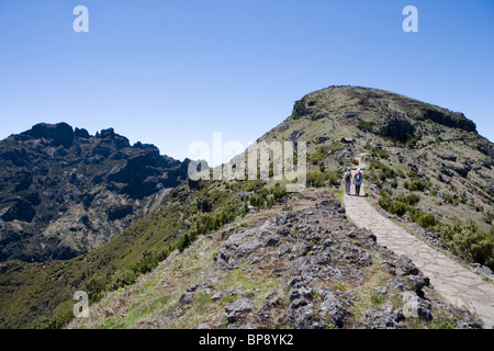 Wanderer auf einem Wanderweg zum Gipfel Pico Ruivo, Achada Teixeira, Madeira, Portugal Stockfoto