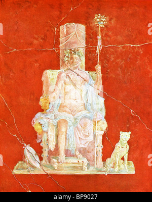 Diese Wandmalerei zeigt, dass Dionysos thront, mit einem Hund wurde sitzen neben dem Thron gefunden in Pompeji des Haus des Naviglio. Stockfoto