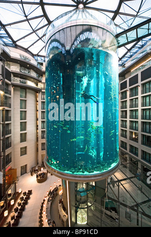 Das 5 Sterne Radisson SAS Hotel verfügt über das weltweit größte zylindrische Aquarium. Eingang zum Aqua Dom, ein Taucher reinigt Tank, Stockfoto