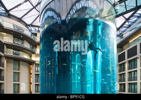 Das 5 Sterne Radisson SAS Hotel verfügt über das weltweit größte zylindrische Aquarium. Eingang zum Aqua Dom, ein Taucher reinigt Tank, Stockfoto