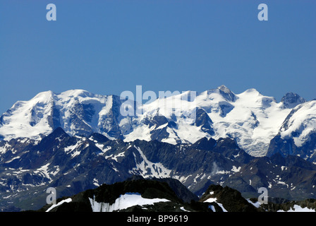 Panorama der Berninagruppe, Oberengadin, Engadin, Kanton Graubünden, Schweiz Stockfoto