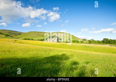 Stein-Scheune auf dem Weg zum Kinder Scout über dem oberen Stand an einem hellen und lebendigen Sonnentag im Peak District National Park. Stockfoto