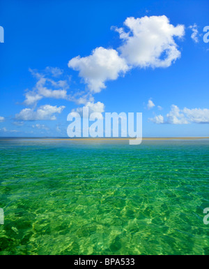 Tropischer Strand mit klarem Wasser und blauer Himmel mit Wolken Stockfoto