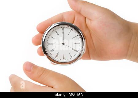 Uhr, Gesicht und Finger, Konzept der Zeitsteuerung und Balance