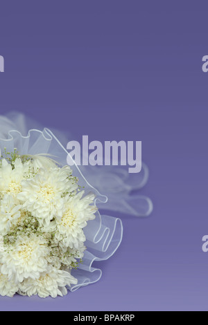 Blumenstrauß der Braut auf einem violetten Hintergrund - eine Hochzeit-Komposition Stockfoto