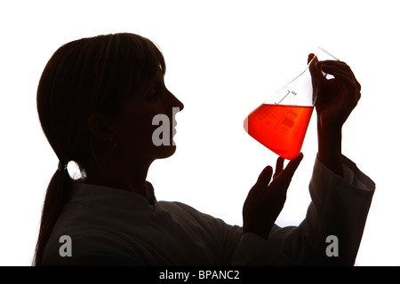 Laboranten arbeiten in einem chemischen Labor. Arbeiten mit verschiedenen Chemikalien in den Reagenzgläsern. Stockfoto