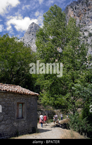 Wanderer auf der Strecke sorgen entlang der kümmert sich Schlucht Picos de Europa Spanien Desfiladero del Rio Cares Wanderer Rambler Wanderer Wandern Stockfoto