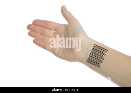 Eine menschliche Hand mit einem Barcode am Handgelenk. Alle isolierten eigenen Hite Hintergrund. Stockfoto