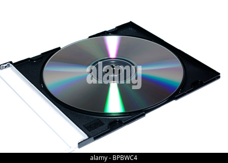 Jewel-Case mit beschreibbare Disc geöffnet. Isolieren Sie auf weiß. Stockfoto