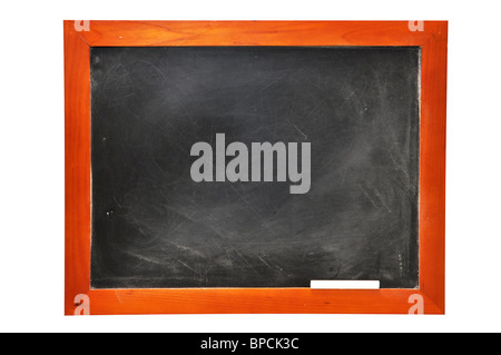 Tafel mit Kreide isoliert auf weißem Hintergrund mit Beschneidungspfad. Stockfoto