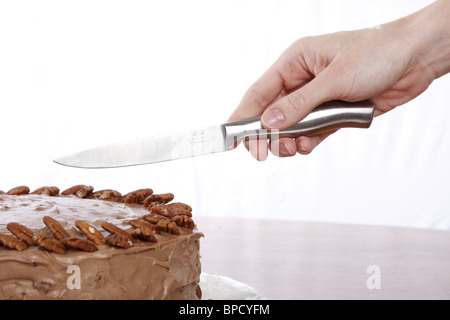 Hand zu schneiden Kuchen Stockfoto