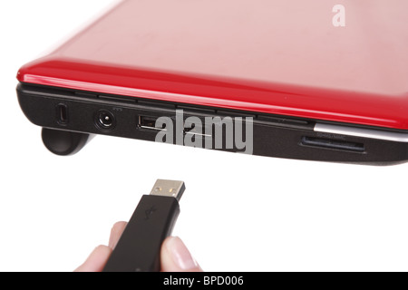 Stecken Sie ein USB-Gerät in einen Laptop-computer Stockfoto