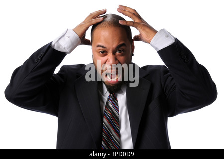 Porträt des afroamerikanischen Geschäftsmann mit dem Ausdruck ihrer Frustration isoliert auf weißem Hintergrund Stockfoto
