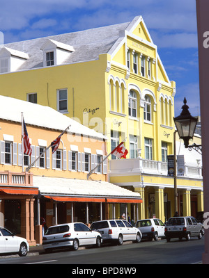 Pastellfarbenen Kolonialbauten, Front Street, Hamilton, Pembroke Parish, Bermuda Stockfoto