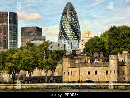 Ein Foto des Teils des Tower of London mit dem "Gherkin" im Hintergrund Stockfoto