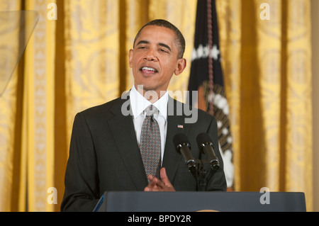 Barak Obama spricht bei einer neuen Konferenz in Washington DC. Stockfoto