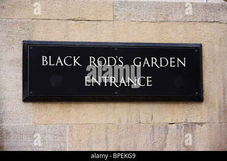 Black Rod Garten Eingang - ein Schild an der Houses of Parliament, Westminster, London, SW1. Stockfoto
