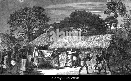 Schottischer Missionar und Afrikaforscher in Afrika. David Livingstone wird in eine Hütte am Tanganjikasee in der Nacht genommen, das er starb. Stockfoto