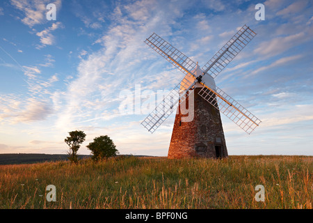Halnaker Windmühle steht hoch oben auf den South Downs, umgeben von der wunderschönen Landschaft von Sussex an einem warmen Sommerabend. Stockfoto