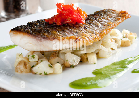 Meeräsche auf Bio-Gemüse und Brunnenkresse-Sauce serviert Stockfoto