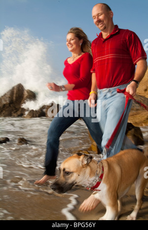 Paar am Strand mit Hund laufen. Stockfoto