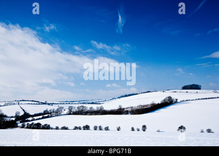 Eine sonnige, Schnee, Winter Landschaftsansicht oder Szene auf den Downs in Wiltshire, England, UK Stockfoto