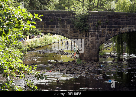 Alte steinerne Lastesel Brücke über den Fluss Hebden, Hebden Bridge, West Yorkshire, England, UK Stockfoto