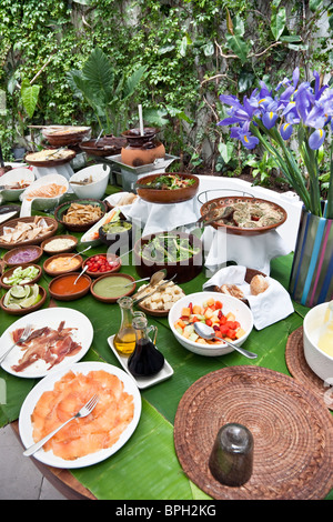 Buffet-Tisch mit geräuchertem Lachs Schinken Obst Chips & taucht im Garten Hof des gehobenen Condesa Hotel Condesa Szeneviertel Stockfoto