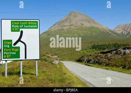 Glamaig, einen kegelförmigen Berg auf der Isle Of Skye mit dem Sligachan Fluss im Vordergrund. Stockfoto