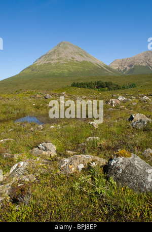 Glamaig, einen kegelförmigen Berg auf der Isle Of Skye mit dem Sligachan Fluss im Vordergrund. Stockfoto