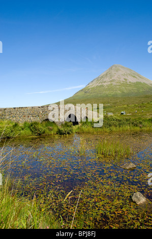 Glamaig, einen kegelförmigen Berg auf der Isle Of Skye mit dem Sligachan Fluss im Vordergrund. Stockfoto