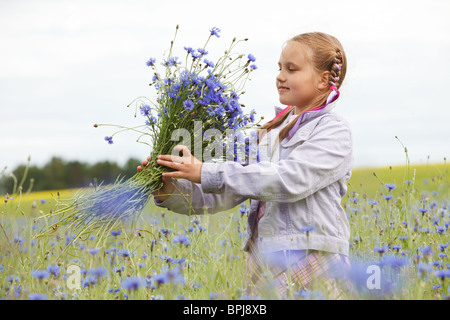 Kleines Mädchen Blau Blumen zu pflücken, in einem Feld Stockfoto