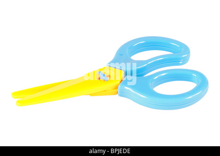 Gelb und Cyan Spielzeug Kunststoff Schere isoliert auf weiss Stockfoto