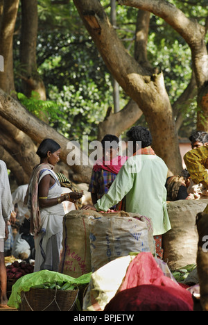 Marktstände unter riesigen Mangobäume, Stammesregion in Koraput Bezirk in Orissa, Indien, Südasien Stockfoto