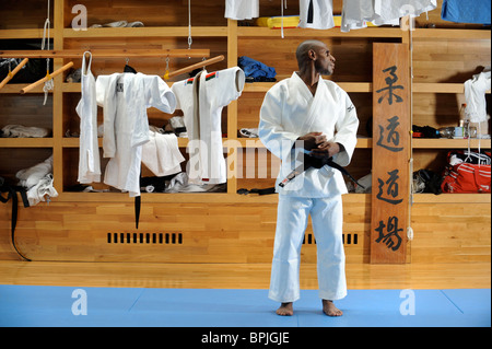 Der blinde Judo Athelete Darren Harris, GB bei den Paralympics von Peking, abgebildet auf der Team Bad Training Facil vertreten wird Stockfoto