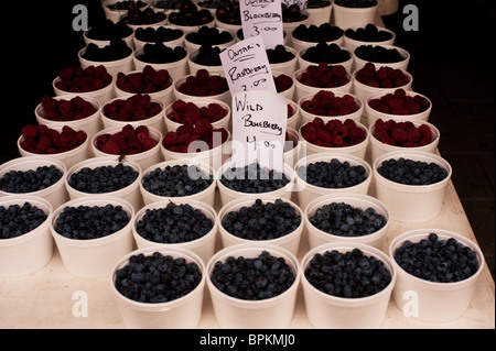Wilde Blaubeeren, Himbeeren und Kirschen zum Verkauf an einen Bauernmarkt. Stockfoto