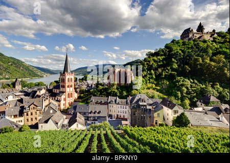 Ansicht von Bacharach am Rhein, mit Kirche St. Peter, Wernerkapelle und Burg Stahleck, Rheinland-Pfalz, Deutschland, Europa Stockfoto