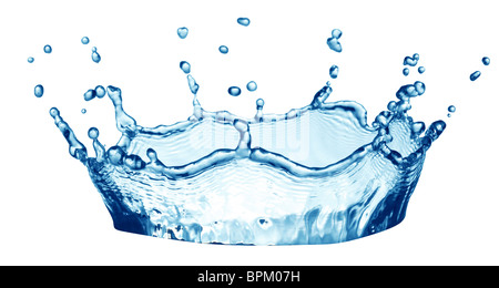 Spritzwasser bildet eine Wasser-Krone. Auf einem weißen Hintergrund. Stockfoto