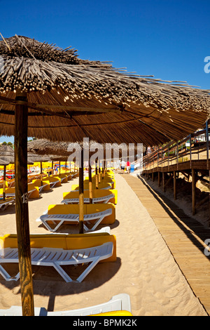 Eine Ansicht unter Sonnenschirmen am Praia da Oura-Strand an der Algarve-Portugal Stockfoto