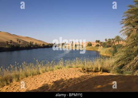 Mandara-Seen in den Dünen von Ubari, Oase Umm el Ma, libysche Wüste, Libyen, Sahara, Nordafrika Stockfoto