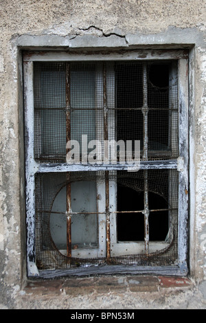 Alten verjährt, Fenster mit abblätternde Farbe und ein Netz-Abdeckung gebrochen Metall Stockfoto