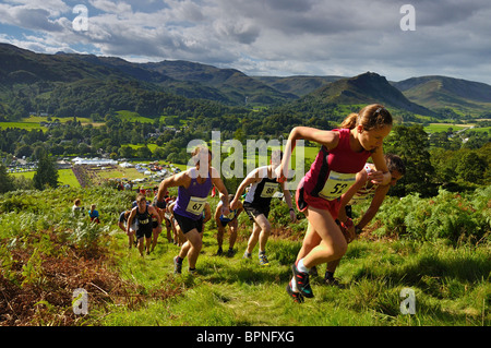 Fellrunners auf dem Weg bis zu Butter Crag beim Grasmere Senior Guides Rennen in Grasmere Show 2010 Stockfoto