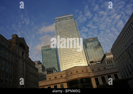 Cabot Ort und One Canada Square, London, England Stockfoto