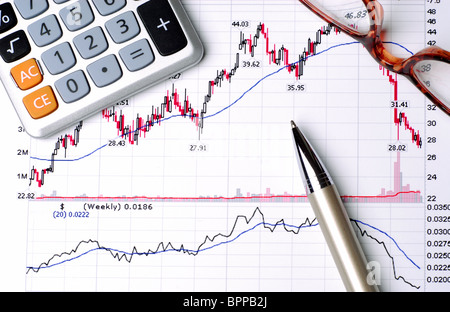 Drucken Sie aus finanziellen Graphen mit einem Taschenrechner, Stift und Gläser Berichterstattung Kursentwicklung Stockfoto